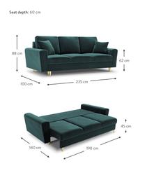Sofá cama de terciopelo Moghan (3 plazas), con espacio de almacenamiento, Tapizado: 100% terciopelo de poliés, Estructura: madera de pino maciza, ag, Patas: metal revestido, Terciopelo azul petróleo, dorado, An 235 x F 100 cm