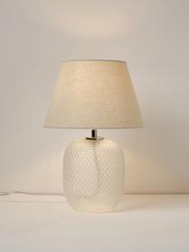 Kleine Tischlampe Cornelia mit transparentem Glasfuß, Lampenschirm: Polyester, Lampenfuß: Glas, Beige, Weiß, Ø 28 x H 38 cm