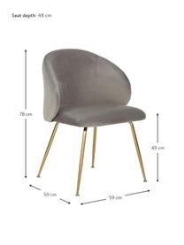 Fluwelen stoelen Luisa in lichtgrijs, 2 stuks, Bekleding: fluweel (100% polyester), Poten: gepoedercoat metaal, Fluweel lichtgrijs, goudkleurig, B 59 x D 58 cm