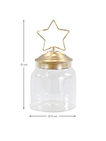 LED Aufbewahrungsdose Star H 15 cm, Dose: Glas, Deckel: Metall, beschichtet, Transparent, Goldfarben, Ø 11 x H 15 cm
