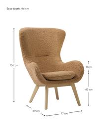 Fauteuil à oreilles en peluche pieds en bois Wing, Peluche caramel, larg. 77 x prof. 89 cm