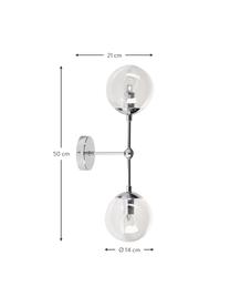 Grote wandlamp Beth van glas, Frame: verchroomd metaal, Transparant, chroomkleurig, D 21 x H 50 cm