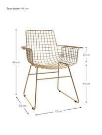 Chaise design en métal à accoudoirs Wire, Métal, revêtement par poudre, Couleur laitonnée, larg. 72 x prof. 56 cm