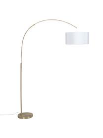 Grand lampadaire arc moderne Niels, Abat-jour : blanc Pied de lampe : couleur laiton Câble : transparent