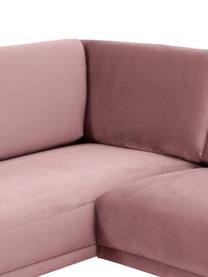 Divano angolare in velluto con piedini in metallo Fluente, Rivestimento: velluto (copertura in pol, Struttura: legno di pino massiccio, , Piedini: metallo verniciato a polv, Velluto rosa, Larg. 221 x Prof. 200 cm, chaise longue a sinistra