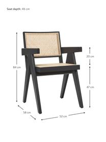 Sedia con braccioli e intreccio viennese Sissi, Struttura: legno di quercia massicci, Seduta: rattan, Legno di faggio, nero verniciato, Larg. 52 x Prof. 58 cm