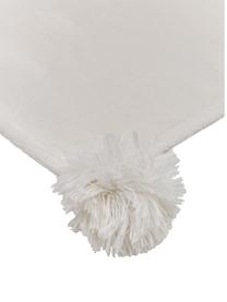 Zachte plaid Bomla in crème kleur met pompoms, Polyester, Crèmewit, B 130 x L 170 cm