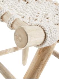Hocker Edgard im Boho Style, Beine: Teakholz, naturbelassen, Sitzfläche: Baumwollseilgurt, Teakholz, Weiß, B 45 x H 45 cm