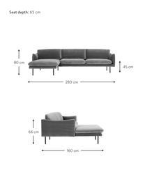 Canapé d'angle en velours et pieds en métal Moby, Velours gris, larg. 280 x prof. 160 cm, méridienne à gauche