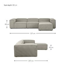 Canapé modulaire 4 places velours côtelé gris avec pouf Lennon, Velours côtelé gris, larg. 327 x prof. 207 cm