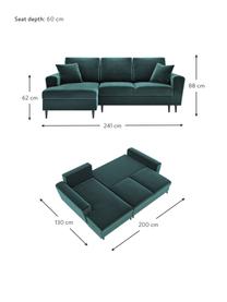 Canapé d'angle 4 places velours avec fonction lit et rangement Moghan, Bleu pétrole, pieds : noir, larg. 241 x prof. 145 cm, méridienne à gauche
