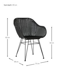 Krzesło z podłokietnikami z polirattanu Costa, 2 szt., Stelaż: metal malowany proszkowo, Czarny, S 57 x G 58 cm