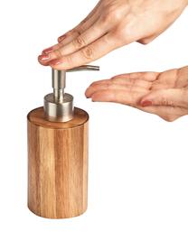 Dosatore di sapone in legno d'acacia Wood, Contenitore: legno d'acacia, Testa della pompa: plastica effetto acciaio, Legno di acacia, argentato, Ø 7 x Alt. 17 cm