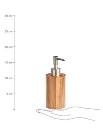 Dosatore di sapone in legno d'acacia Wood, Contenitore: legno d'acacia, Testa della pompa: plastica effetto acciaio, Legno di acacia, argentato, Ø 7 x Alt. 17 cm