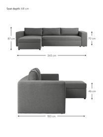 Grote slaapbank Noah (4-zits) met opbergruimte, Bekleding: polyester, Frame: grenenhout, Frame: massief beukenhout, FSC-g, Poten: kunststof, Geweven stof donkergrijs, B 343 x D 180 cm, hoekdeel links
