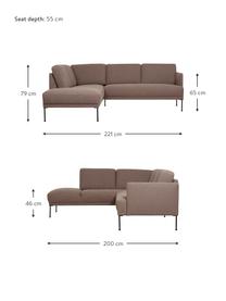 Divano angolare con piedini in metallo Fluente, Rivestimento: 100% poliestere 115.000 c, Struttura: legno di pino massiccio, , Piedini: metallo verniciato a polv, Tessuto marrone, Larg. 221 x Prof. 200 cm, chaise longue a sinistra