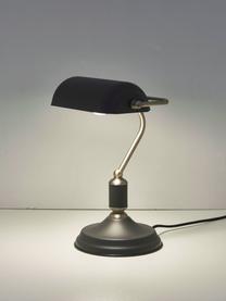Lámpara de escritorio pequeña de metal Bank, estilo retro, Pantalla: metal recubierto, Estructura: metal recubierto, Cable: plástico, Gris antracita, latón, An 27 x Al 34 cm