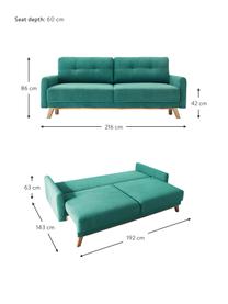 Divano letto 3 posti in velluto con contenitore Balio, Rivestimento: 100% velluto di poliester, Piedini: Legno, Tessuto verde smeraldo, legno di faggio, legno chiaro, Larg. 216 x Alt. 102 cm