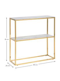 Estantería consola estrecha de metal Aruba, Estantes: vidrio, Estructura: metal laminado, Mármol blanco, dorado, An 80 x Al 81 cm