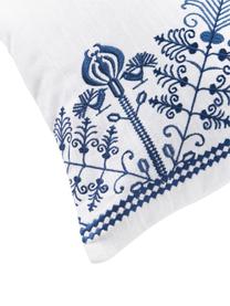 Housse de coussin en coton brodé Tabitha, Blanc, bleu, larg. 45 x long. 45 cm