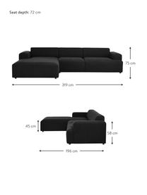 Sofa narożna Melva (4-osobowa), Tapicerka: 100% poliester Dzięki tka, Stelaż: lite drewno sosnowe, cert, Nogi: tworzywo sztuczne, Czarna tkanina, S 319 x G 196 cm, lewostronna