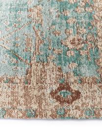 Vintage chenille vloerkleed Rimini in turquoise-bruin, handgeweven, Bovenzijde: 95% katoen, 5% polyester, Onderzijde: 100% katoen, Turquoise, bruin, met patroon, B 200 x L 300 cm (maat L)