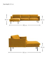 Canapé d'angle en velours et pieds en métal Moby, Velours jaune moutarde, larg. 280 x prof. 160 cm, méridienne à droite