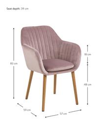 Chaise en velours avec accoudoirs Emilia, Velours rose, bois de chêne, larg. 57 x prof. 59 cm