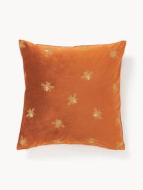 Geborduurde fluwelen kussenhoes Nora, 100% polyester fluweel, Terracotta, goudkleurig, B 45 x L 45 cm