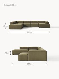 Canapé lounge modulable Lennon, Tissu vert olive, larg. 418 x prof. 269 cm, méridienne à gauche