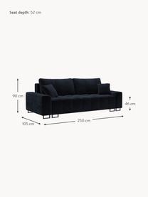 Fluwelen slaapbank Byron (3-zits) met opbergruimte, Bekleding: polyester fluweel Met 45., Frame: massief grenen, spaanplaa, Poten: metaal, gelakt, Fluweel donkerblauw, zwart, B 250 x D 105 cm