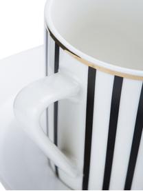 Set tazze da caffè a righe con piattini Pluto Loft 4 pz, Porcellana, Nero, bianco con bordo oro, Ø 8 x Alt. 8 cm, 120 ml