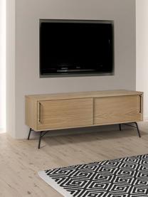 Tv-meubel Ashburn met eikenhoutfineer, Frame: spaanplaat, eikenfineer, Frame: eikenkleurig. Poten en handgrepen: mat zwart, 145 x 53 cm