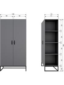 Kleiderschrank Morris in Grau, 2-türig, Korpus: Kiefernholz, massiv, lack, Rahmen: Metall, lackiert, Griffe: Leder, Einlegeböden: Melamin, Grau, B 100 x H 195 cm