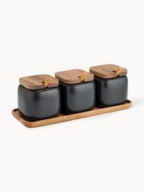 Bocaux de rangement avec plateau Essentials, 4 élém., Porcelaine, bois d'acacia, Noir, bois foncé, Lot de différentes tailles