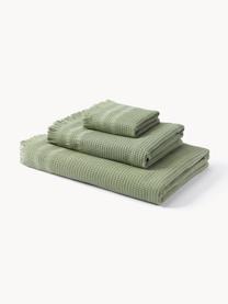 Set 3 asciugamani in piqué waffle Yara, Verde oliva, Set da 3 (asciugamano ospite, asciugamano e telo bagno)
