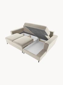 Fluwelen hoekbank Moghan (3-zits) met slaapfunctie en opbergruimte, Bekleding: polyester fluweel, Frame: massief grenen, triplex, , Poten: gelakt metaal, Fluweel lichtbeige, B 241 x D 145 cm, hoekdeel links