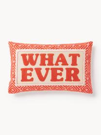 Housse de coussin rectangulaire avec slogan brodé Whatever, Rouge corail, blanc cassé, larg. 30 x long. 50 cm