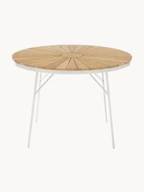 Mesa redonda para exterior con tablero de madera de teca Ellen, tamaños diferentes, Tablero: madera de teca lijada, Estructura: aluminio con pintura en p, Madera de teca, blanco, Ø 110 x Al 73 cm