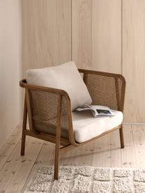 Fauteuil lounge en rotin Callo, Tissu blanc crème, bois de hêtre, larg. 106 x prof. 79 cm