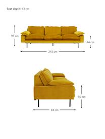 Fluwelen bank Retro (3-zits) met metalen poten, Bekleding: polyester fluweel, Frame: MDF, houtvezelplaat, Poten: gepoedercoat metaal, Fluweel okergeel, B 245 x D 83 cm