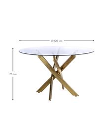 Mesa de comedor George, tablero de cristal, Tablero: vidrio tintado, Patas: metal con pintura en polv, Latón, Ø 120 x Al 75 cm