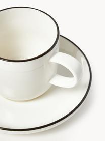 Tazas espresso con platitos de porcelana Facile, 2 uds., Porcelana dura de alta calidad (aprox. 50% caolín, 25% cuarzo y 25% feldespato), Off White con borde negro, Ø 7 x Al 6 cm, 125 ml