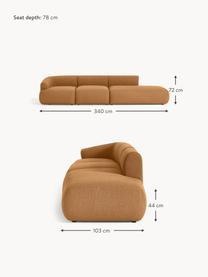 Diván modular grande en tejido bouclé Sofia, Tapizado: tejido bouclé (100% polié, Estructura: madera de abeto, tablero , Patas: plástico Este producto es, Bouclé marrón claro, An 340 x F 103 cm, módulo esquina izquierda