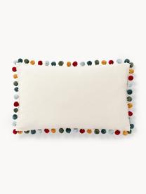 Housse de coussin rectangulaire avec pompons Neva, 100 % coton, Blanc cassé, multicolore, larg. 30 x long. 50 cm