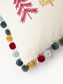Kissenhülle Neva mit winterlichem Motiv und Pompons, 100 % Baumwolle, Off White, Bunt, B 30 x L 50 cm