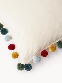 Housse de coussin rectangulaire avec pompons Neva, 100 % coton, Blanc cassé, multicolore, larg. 30 x long. 50 cm