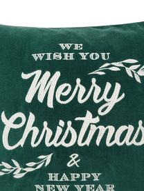 Fluwelen kussenhoes Merry Christmas met opschrift, Katoenfluweel, Wit, groen, 50 x 50 cm