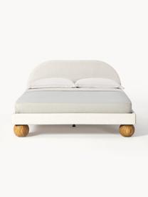 Cama tapizada con patas esfericas de madera Rena, Tapizado: 100% polipropileno Alta r, Estructura: madera de pino macizo, ag, Patas: madera de roble Este prod, Tejido Off White, madera de roble, An 140 x L 200 cm