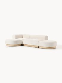 Modulares Ecksofa Natalie aus Teddy-Bouclé, Bezug: Teddy-Bouclé (100 % Polye, Gestell: mitteldichte Holzfaserpla, Sockel: Massives Buchenholz, lack, Teddy-Bouclé Off White, helles Buchenholz, B 337 x T 197 cm, Eckteil links